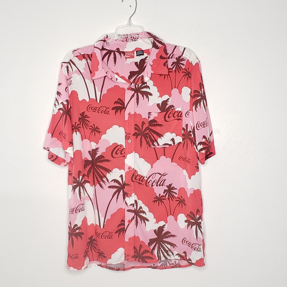 Coca Cola Hawaiian Palm Tree Surfer Button Up Shirt Size Medium